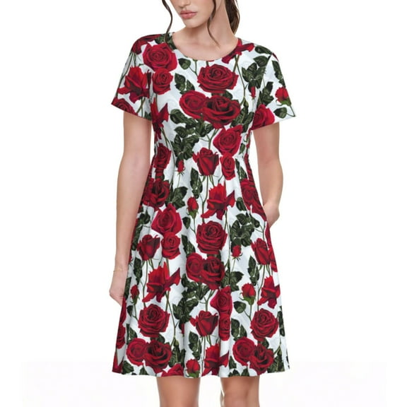 Rateoe Rose Flowers Pattern Women’s Short Sleeve Dress – Casual Elegant Summer A-Line Dress for Everyday Wear