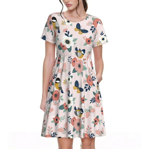 Rateoe Rose Flowers Pattern Women’s Short Sleeve Dress – Casual Elegant Summer A-Line Dress for Everyday Wear