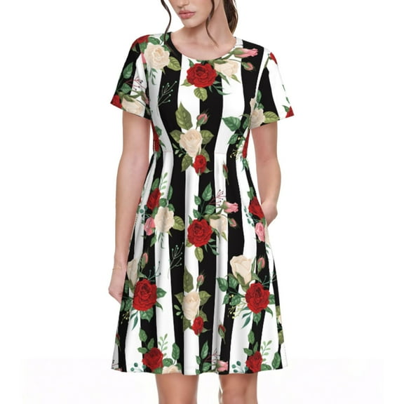 Rateoe Rose Flowers Pattern Women’s Short Sleeve Dress – Casual Elegant Summer A-Line Dress for Everyday Wear