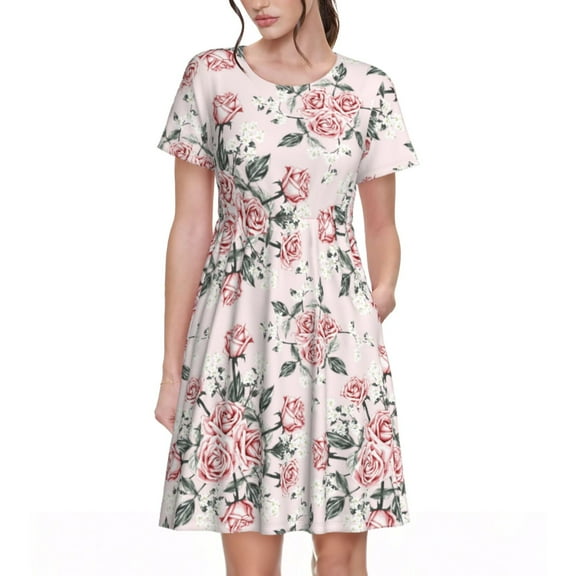 Rateoe Rose Flowers Pattern Women’s Short Sleeve Dress – Casual Elegant Summer A-Line Dress for Everyday Wear