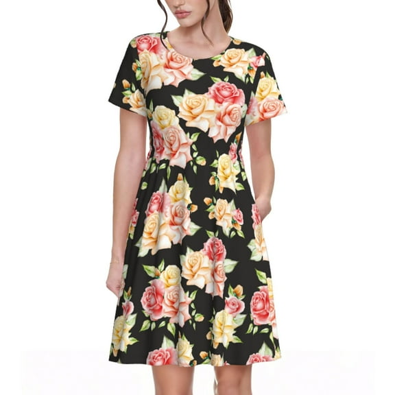 Rateoe Rose Flowers Pattern Women’s Short Sleeve Dress – Casual Elegant Summer A-Line Dress for Everyday Wear