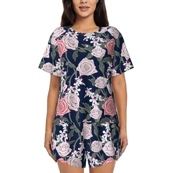 Rateoe Rose Flowers Pattern Women's Short-Sleeved Pajama Set - 2 Piece Soft and Lightweight Sleepwear Set-Medium