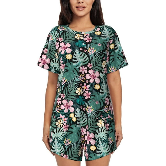 Rateoe Rose Flowers Pattern Women's Short-Sleeved Pajama Set - 2 Piece Soft and Lightweight Sleepwear Set-Small