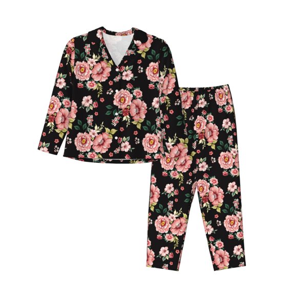 Rateoe Rose Flowers Pattern Womens Pajamas Set Long Sleeve Sleepwear Button Down Nightwear Soft Cotton Pj Lounge Sets