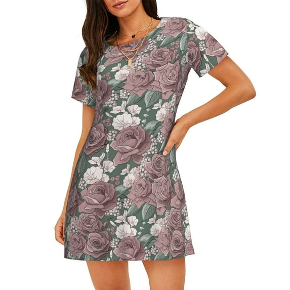 Rateoe Rose Flowers Print Women’s Nightdress – Cozy Cotton Short-sleeved Sleep Shirt, Loose-Fit Sleepwear, Perfect for Relaxing and Sleeping