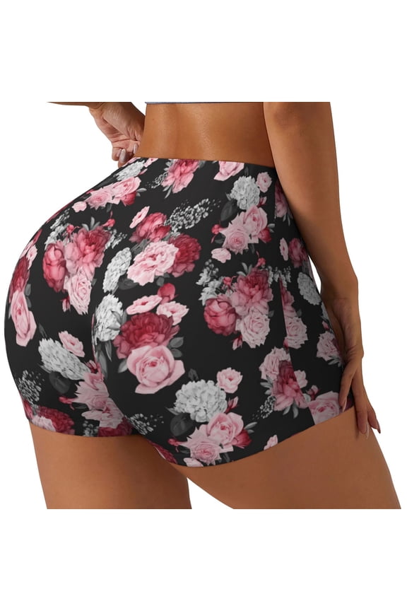 Rose Flowers Printed Power Workout Shorts for Women Tummy Control Squat Proof Ribbed Thick Seamless Scrunch Active Short-Large