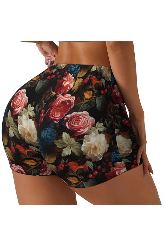 Rose Flowers Printed Power Workout Shorts for Women Tummy Control Squat Proof Ribbed Thick Seamless Scrunch Active Short-Medium
