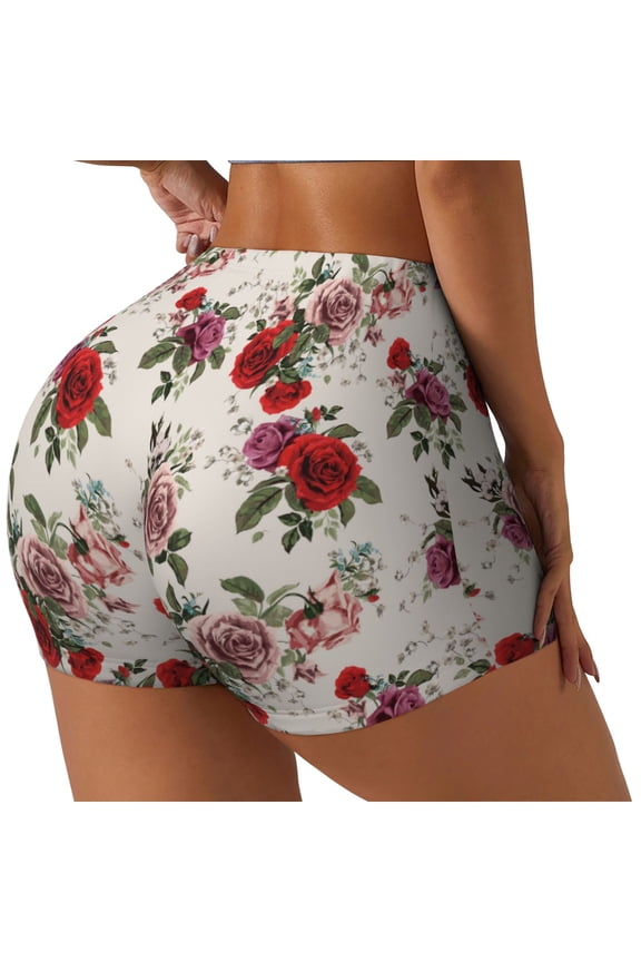 Rose Flowers Printed Power Workout Shorts for Women Tummy Control Squat Proof Ribbed Thick Seamless Scrunch Active Short-Medium