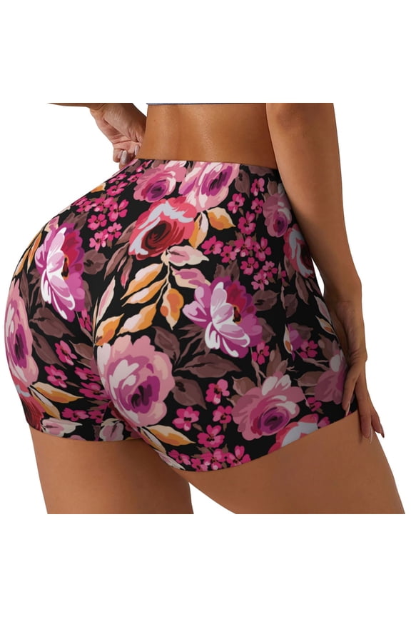 Rose Flowers Printed Power Workout Shorts for Women Tummy Control Squat Proof Ribbed Thick Seamless Scrunch Active Short-Medium