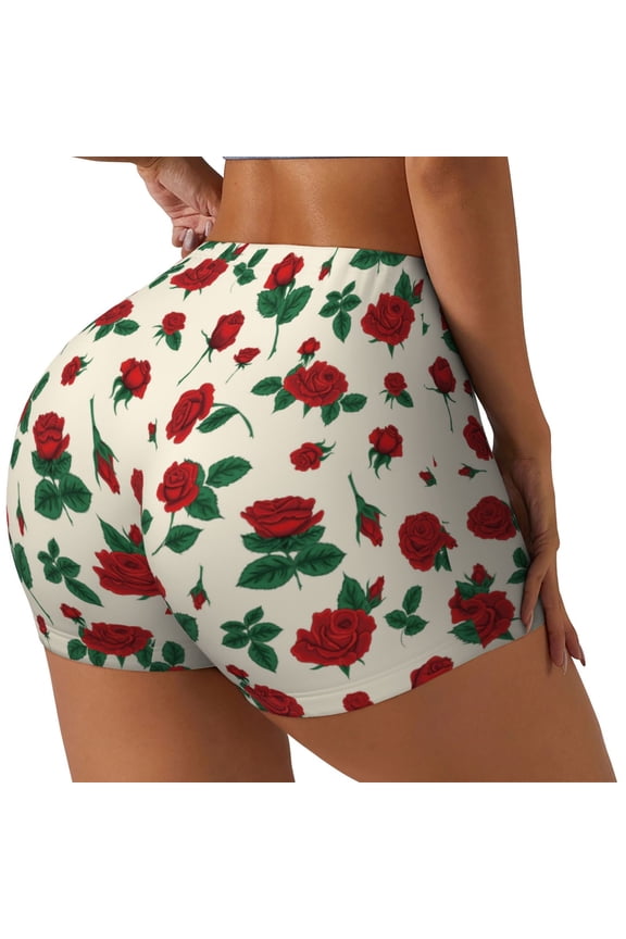 Rose Flowers Printed Power Workout Shorts for Women Tummy Control Squat Proof Ribbed Thick Seamless Scrunch Active Short-Medium