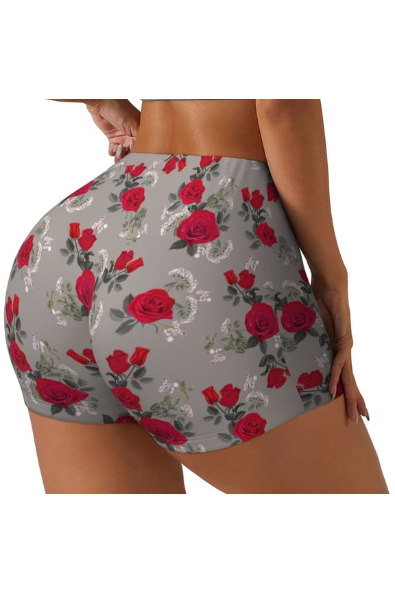 Rose Flowers Printed Power Workout Shorts for Women Tummy Control Squat Proof Ribbed Thick Seamless Scrunch Active Short-Medium