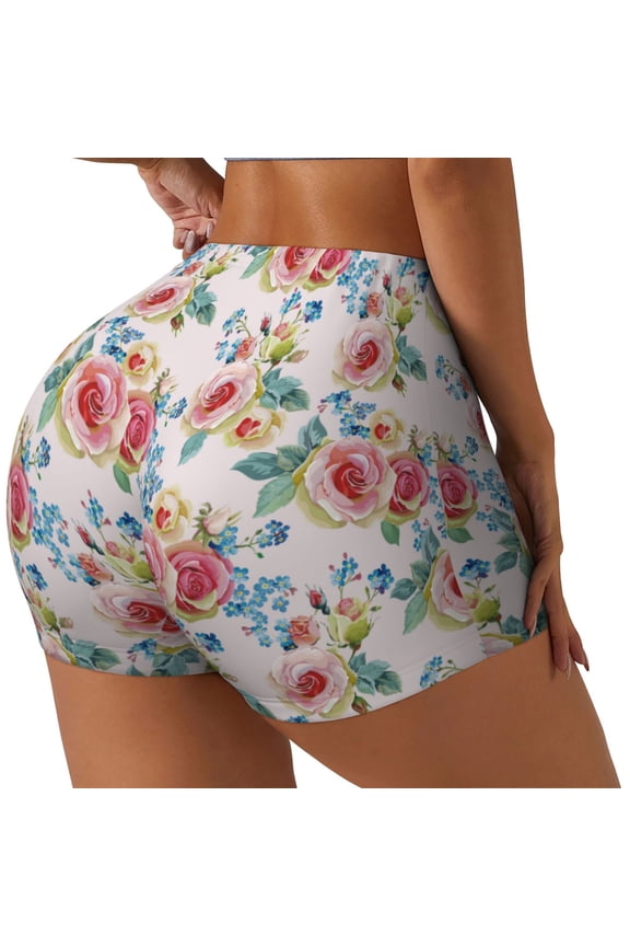 Rose Flowers Printed Power Workout Shorts for Women Tummy Control Squat Proof Ribbed Thick Seamless Scrunch Active Short-Medium