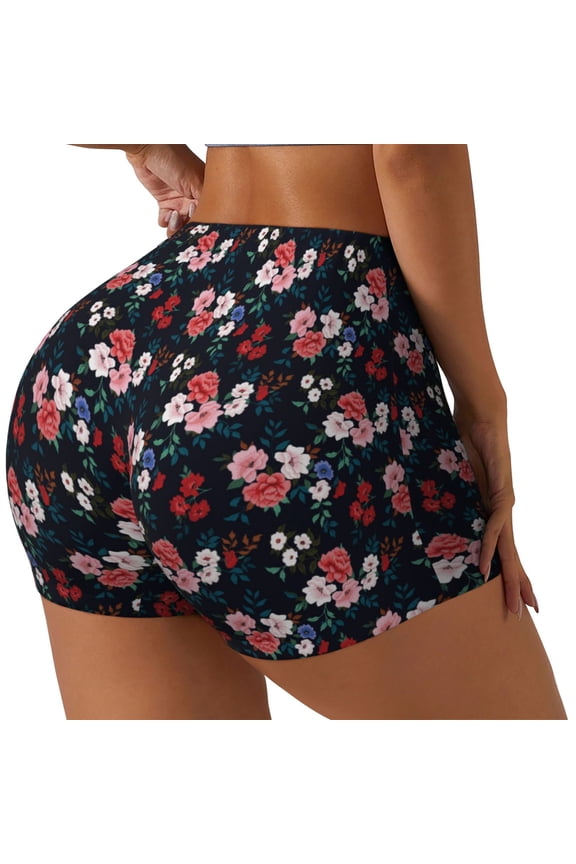 Rose Flowers Printed Power Workout Shorts for Women Tummy Control Squat Proof Ribbed Thick Seamless Scrunch Active Short-Medium