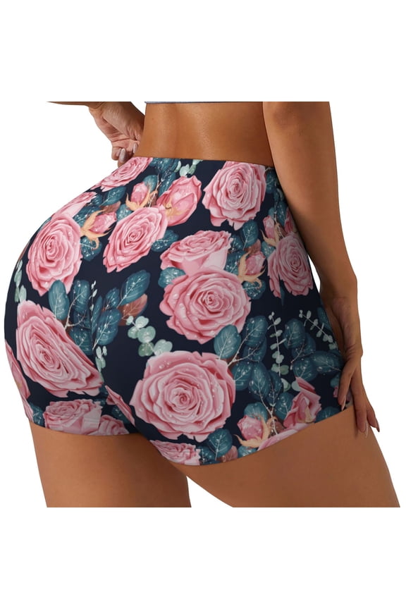 Rose Flowers Printed Power Workout Shorts for Women Tummy Control Squat Proof Ribbed Thick Seamless Scrunch Active Short-Medium