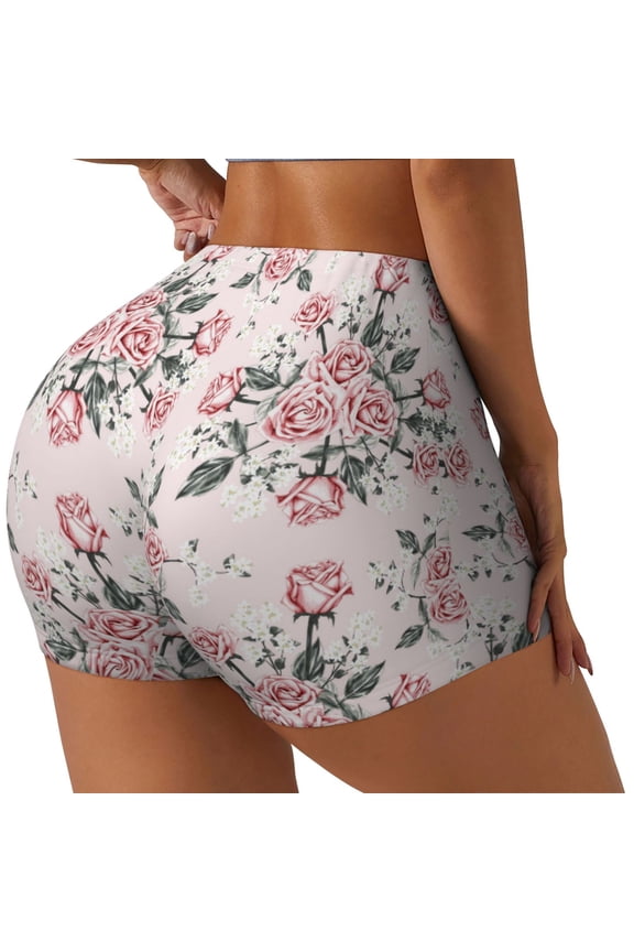Rose Flowers Printed Power Workout Shorts for Women Tummy Control Squat Proof Ribbed Thick Seamless Scrunch Active Short-Medium