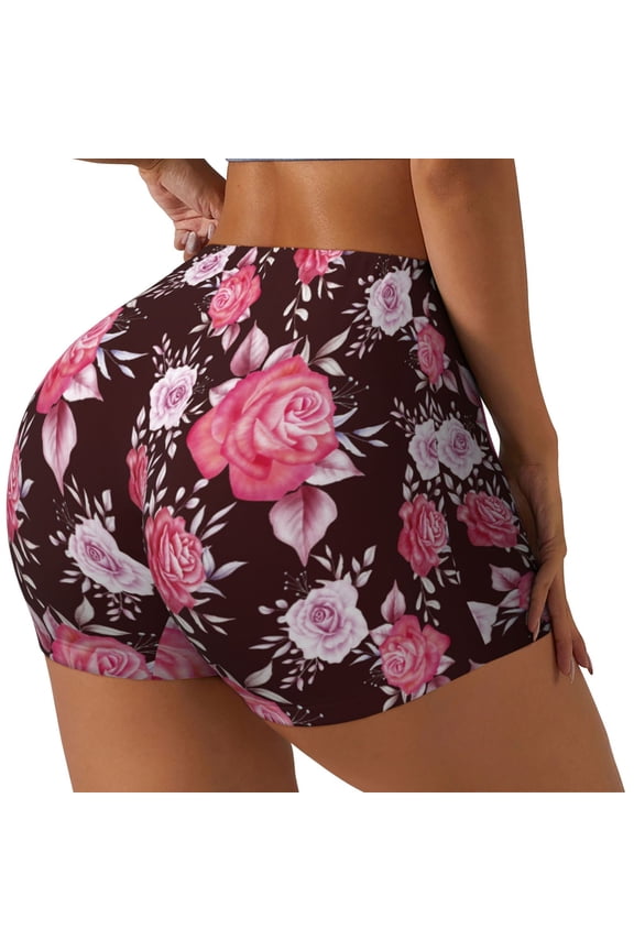 Rose Flowers Printed Power Workout Shorts for Women Tummy Control Squat Proof Ribbed Thick Seamless Scrunch Active Short-Medium