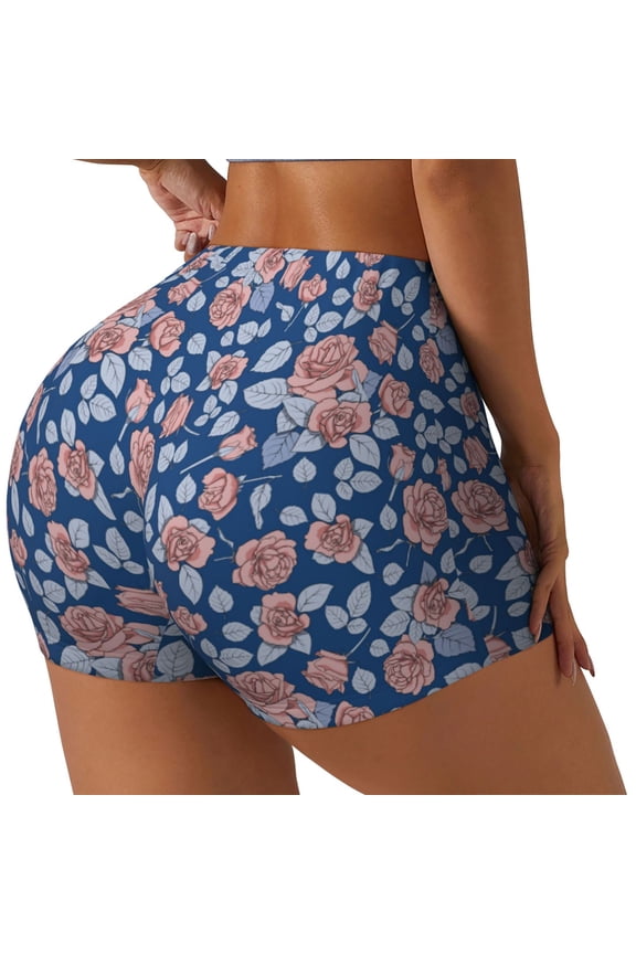 Rose Flowers Printed Power Workout Shorts for Women Tummy Control Squat Proof Ribbed Thick Seamless Scrunch Active Short-Medium