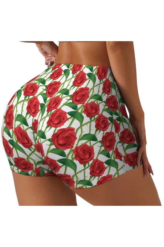 Rose Flowers Printed Power Workout Shorts for Women Tummy Control Squat Proof Ribbed Thick Seamless Scrunch Active Short-Medium
