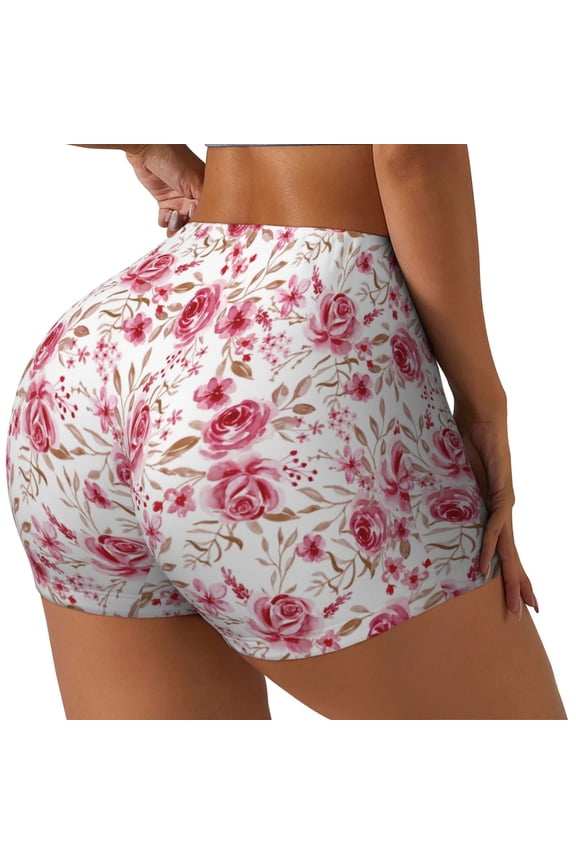 Rose Flowers Printed Power Workout Shorts for Women Tummy Control Squat Proof Ribbed Thick Seamless Scrunch Active Short-Medium