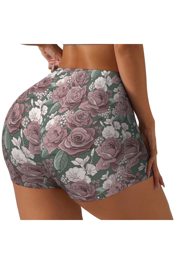 Rose Flowers Printed Power Workout Shorts for Women Tummy Control Squat Proof Ribbed Thick Seamless Scrunch Active Short-Medium