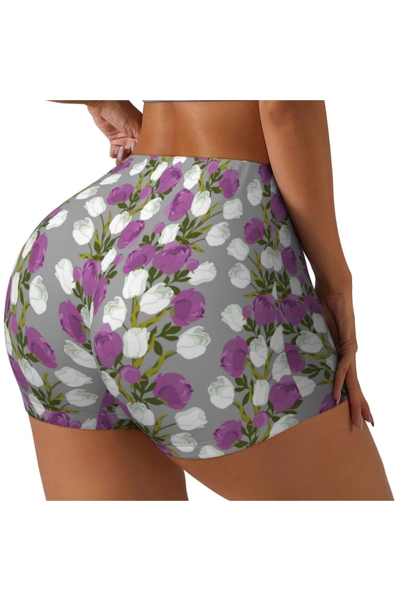 Rose Flowers Printed Power Workout Shorts for Women Tummy Control Squat Proof Ribbed Thick Seamless Scrunch Active Short-Small