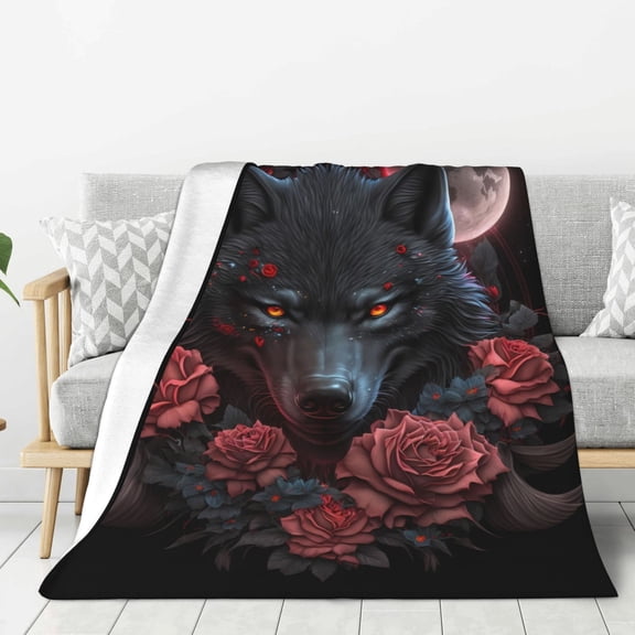 Rateoe Rose Full Moon Black Wolf Pattern Flannel Throw Blanket, Ultra-soft Blanket for Bed, Couch, Car, Hypoallergenic Anti-pilling blanket-50"x40"(Vertical)
