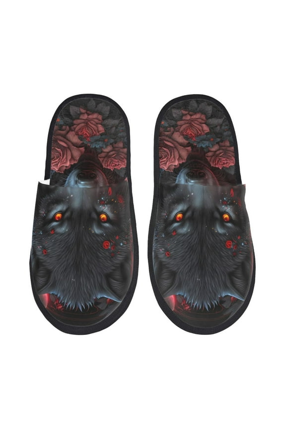 Rose Full Moon Black Wolf Pattern Fuzzy Slippers Fuzzy Soft House Slippers Plush Furry Warm Cozy Open Toe Fluffy Home Shoes-Large