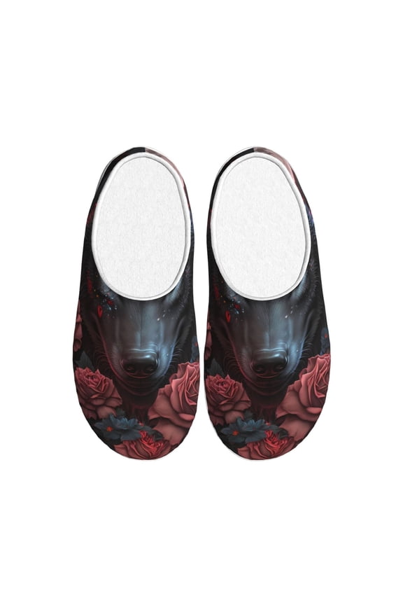 Rose Full Moon Black Wolf Print Women's Men's Cotton Knit Slippers Lightweight Memory Foam Indoor House Shoes with Anti-Skid Sole-40/41