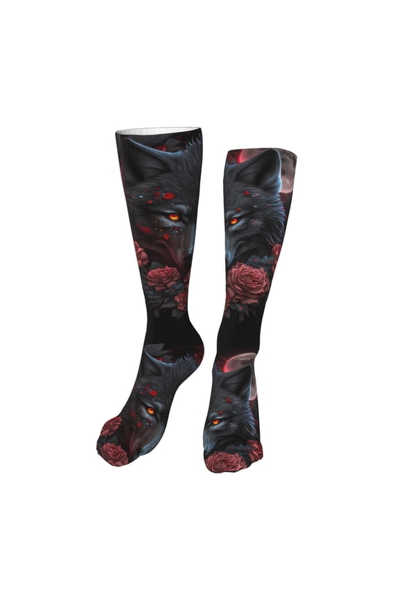 Rose Full Moon Black Wolf print Women's Men's Novelty 20in Crew Socks Cotton Socks Knee High Socks for Walking,Running,Nurses,Pregnancy-One Size