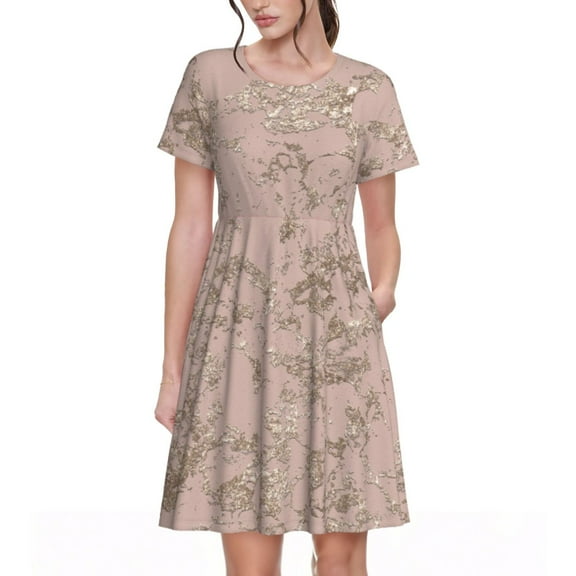 Rateoe Rose Gold Marble Texture Pattern Women’s Short Sleeve Dress – Casual Elegant Summer A-Line Dress for Everyday Wear
