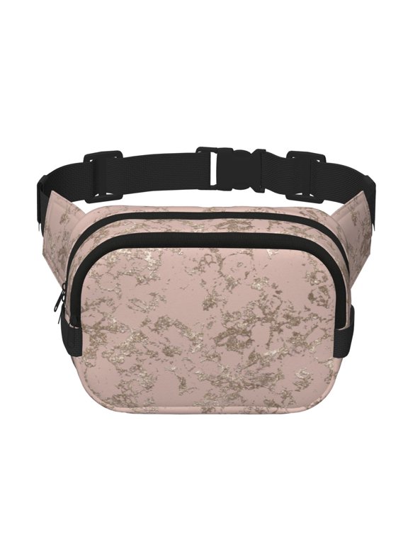 Rose Gold Marble Texture Print Fanny Pack Belt Bag for Women and Men, Square Double-Layer Waterproof Waist Pack with Adjustable Strap for Hiking, Jogging, Cycling