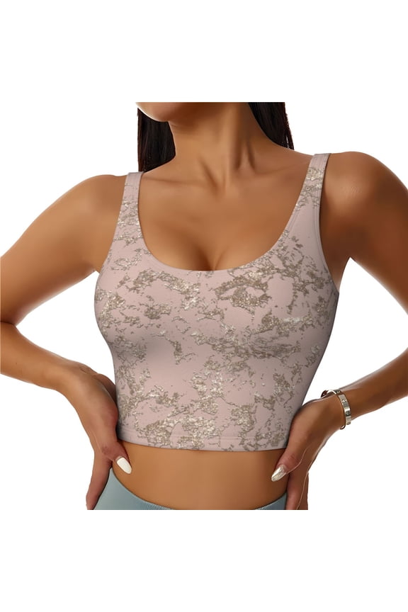 Rose Gold Marble Texture Print Womens' Sports Bras Scoop Neck Sports Vest- Padded U Back Seamless High Impact Support-Large