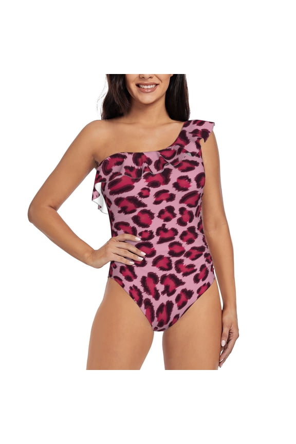 Rose Leopard Print Pattern Women One Piece Swimsuits Tummy Control One Shoulder Bathing Suits Ruffle Swimwear-Small