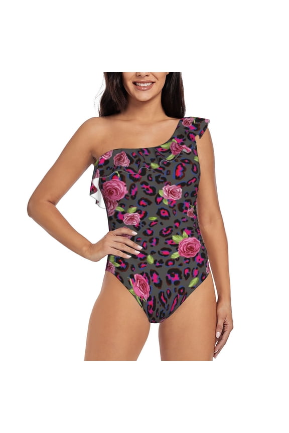 Rose Mix Leopard 2 Pattern Women One Piece Swimsuits Tummy Control One Shoulder Bathing Suits Ruffle Swimwear-XX-Large