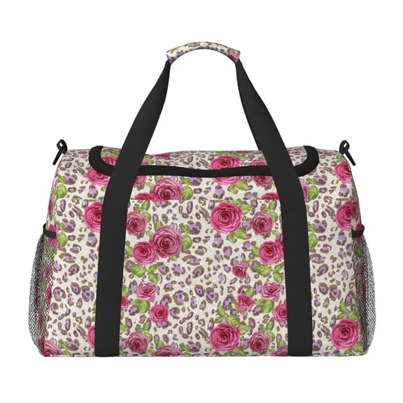Rateoe Rose Mix Leopard 4 Pattern Gym Bag for Women, Duffle Bag for Travel with Wet Pocket, Carry on Weekender Bags for Women, Water Resistant Travel Bag Duffel Bag