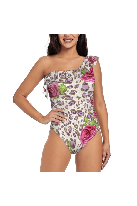 Rose Mix Leopard 4 Pattern Women One Piece Swimsuits Tummy Control One Shoulder Bathing Suits Ruffle Swimwear-