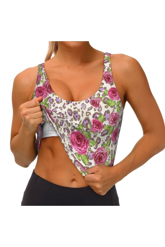 Rose Mix Leopard 4 Print Womens' Sports Bras Scoop Neck Sports Vest- Padded U Back Seamless High Impact Support