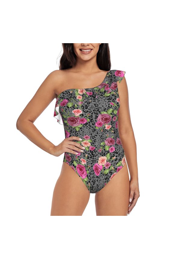 Rose Mix Leopard Pattern Women One Piece Swimsuits Tummy Control One Shoulder Bathing Suits Ruffle Swimwear-Medium