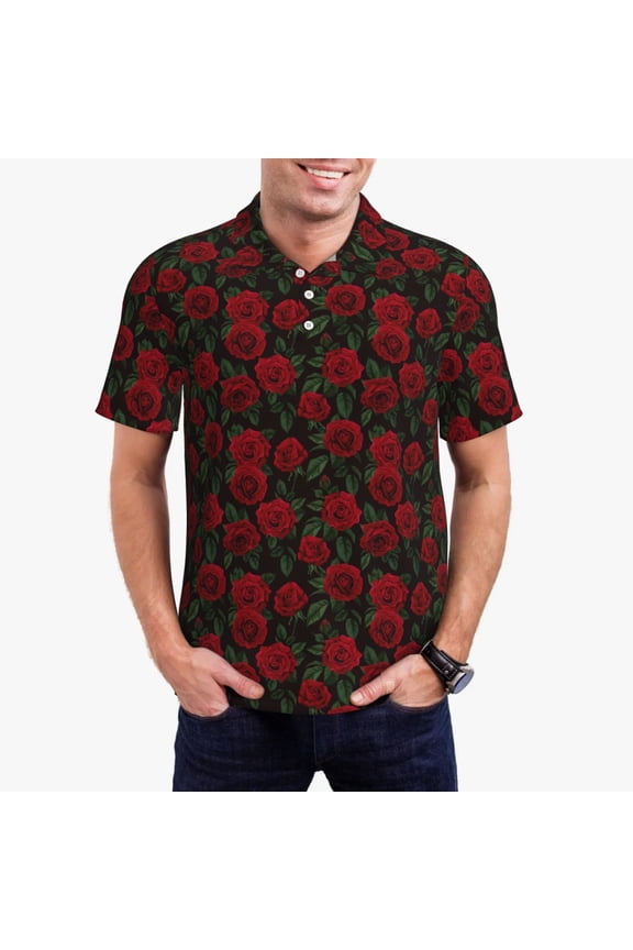 Rose Pattern Men's Short Sleeve Polo Shirts, Golf Polo Shirts Short Sleeve Performance Moisture Wicking Dry-Medium