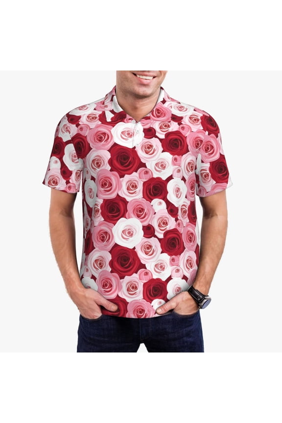 Rose Pattern Men's Short Sleeve Polo Shirts, Golf Polo Shirts Short Sleeve Performance Moisture Wicking Dry-Medium