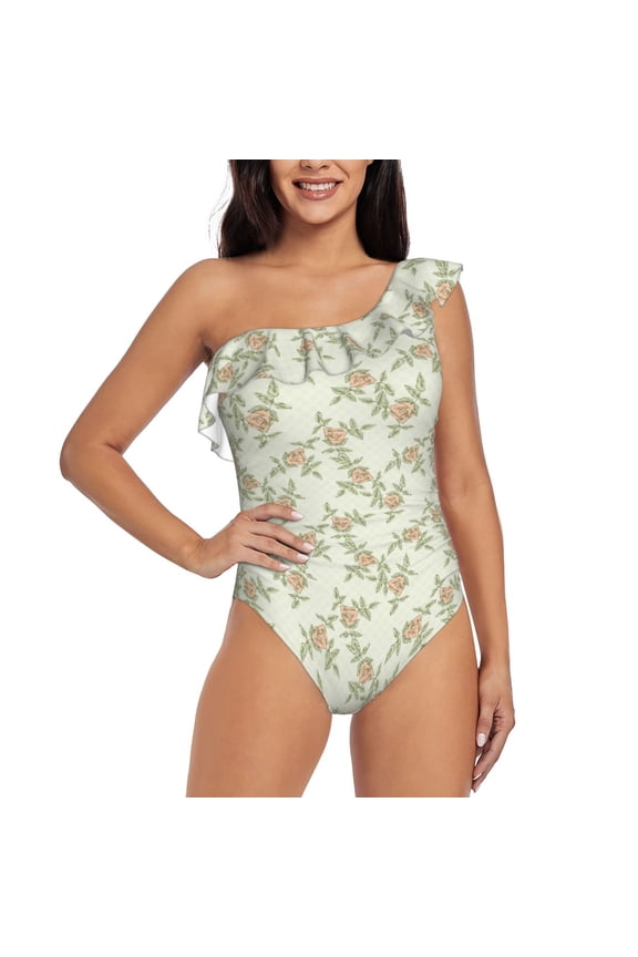 Rose Pattern Women One Piece Swimsuits Tummy Control One Shoulder Bathing Suits Ruffle Swimwear-Medium