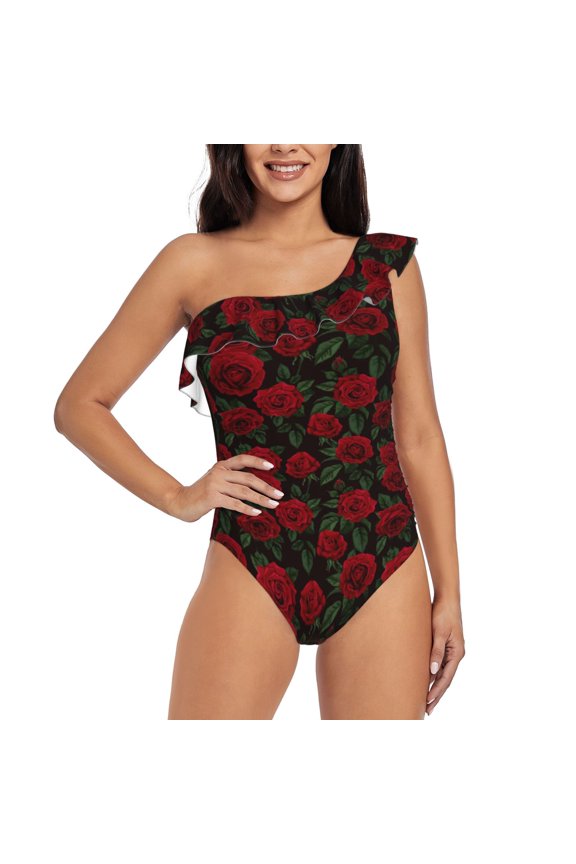 Rose Pattern Women One Piece Swimsuits Tummy Control One Shoulder Bathing Suits Ruffle Swimwear-Small