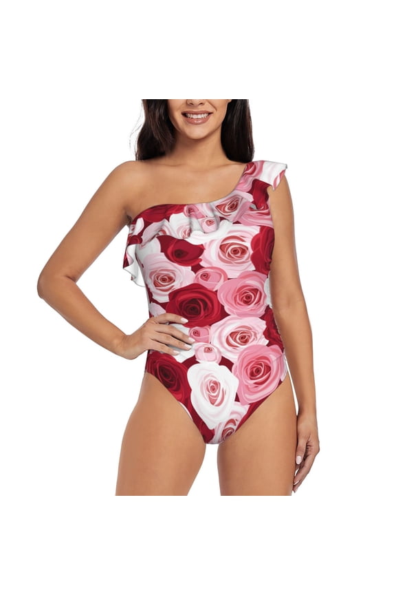 Rose Pattern Women One Piece Swimsuits Tummy Control One Shoulder Bathing Suits Ruffle Swimwear-