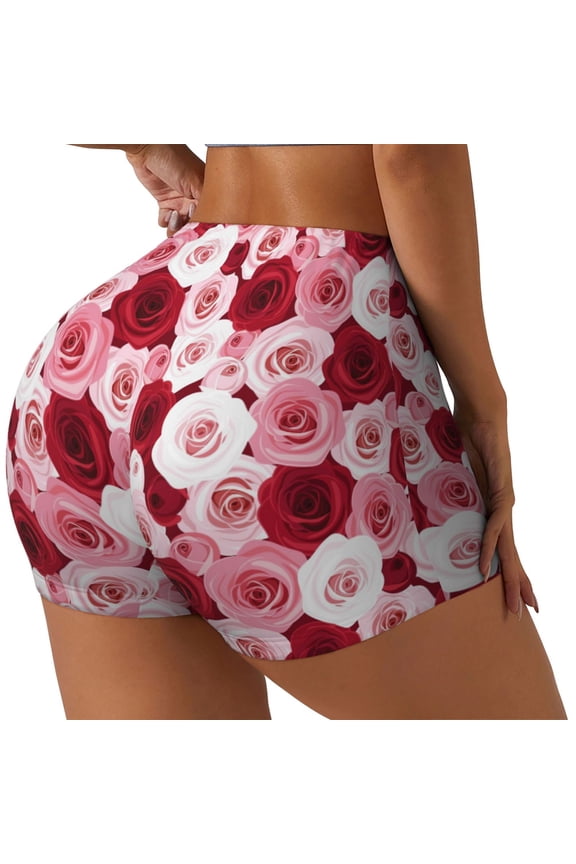 Rose Printed Power Workout Shorts for Women Tummy Control Squat Proof Ribbed Thick Seamless Scrunch Active Short-Medium