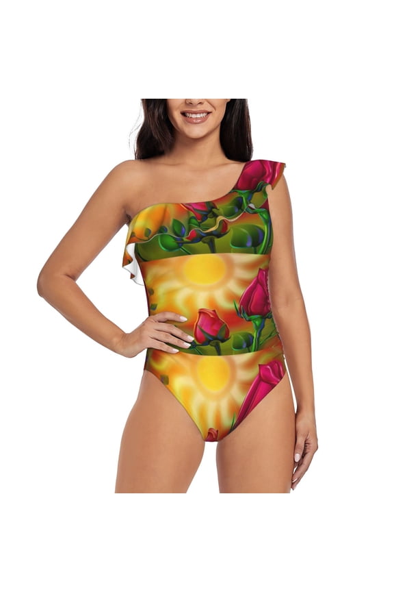 Rose Psychedelic Pattern Women One Piece Swimsuits Tummy Control One Shoulder Bathing Suits Ruffle Swimwear-Small