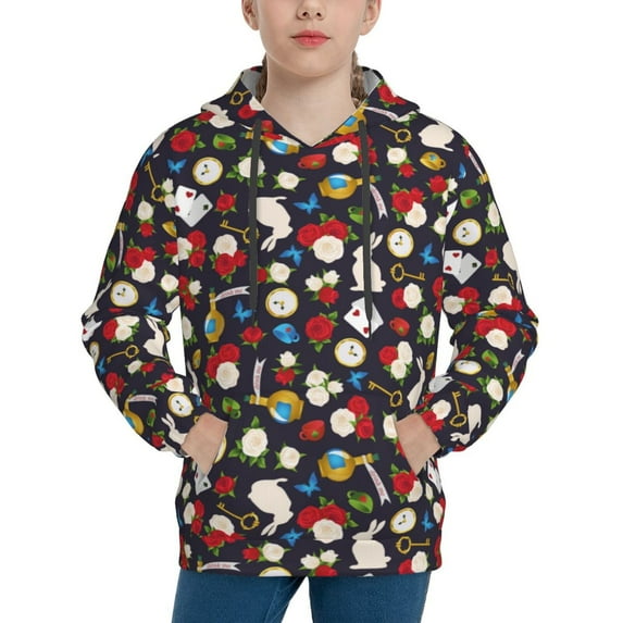 Rateoe Rose Rabbit Pattern Boys Hoodie, Youth Pullover Hooded Sweatshirt, Kangaroo Pocket Hoodie for Kids-Medium