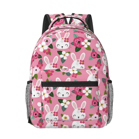 Rateoe Rose Rabbit Pattern Durable Student Backpack Laptop Bag- Ergonomic Design, Waterproof Twill Fabric - Ideal for School, Travel, and Outdoor Activities