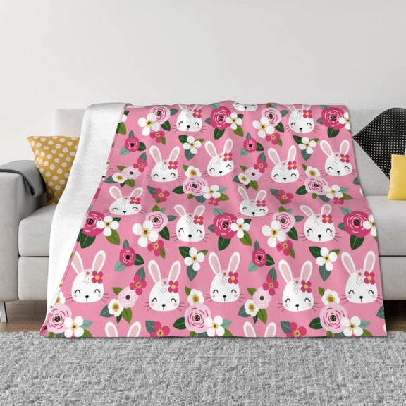 Rateoe Rose Rabbit Pattern Flannel Throw Blanket, Ultra-soft Blanket for Bed, Couch, Car, Hypoallergenic Anti-pilling blanket-60"x50"(Horizontal)