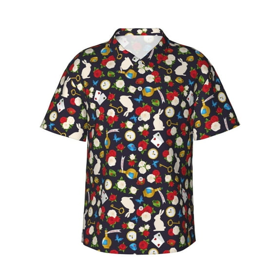 Rateoe Rose Rabbit Pattern Men’s Hawaiian Shirt – Short Sleeve Button-Down Tropical Beach Shirt, Lightweight & Breathable Casual Aloha Shirt with Pocket,Large
