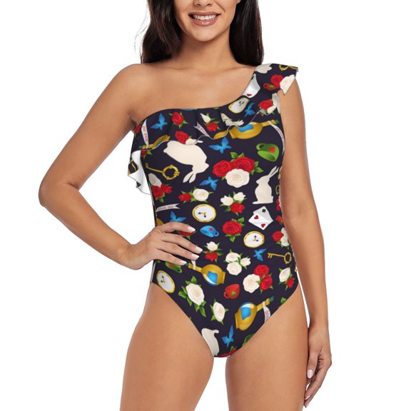 Rateoe Rose Rabbit Pattern Women One Piece Swimsuits Tummy Control One Shoulder Bathing Suits Ruffle Swimwear-XX-Large